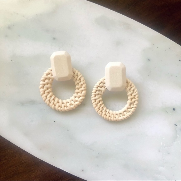 Rattan Natural Wooden Stud Hoop Earrings - Picture 5 of 6